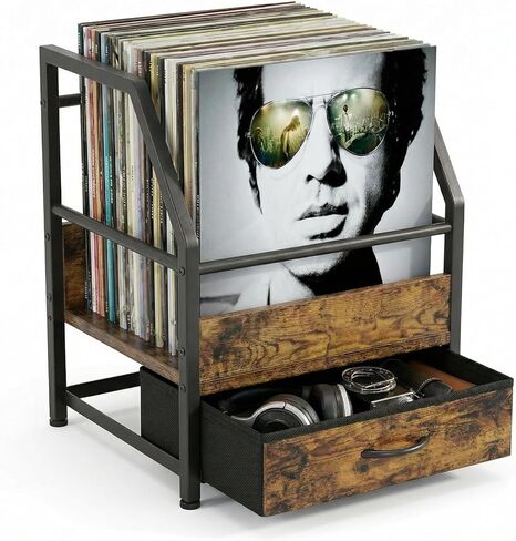 Vinyl Record Storage with Fabric Drawer, Vinyl Record Box Case Crate, Record Album Holder, Desktop Metal & Wooden LP Record Crate (Art Deco) in Kuwait