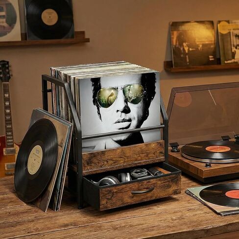 Vinyl Record Storage with Fabric Drawer, Vinyl Record Box Case Crate, Record Album Holder, Desktop Metal & Wooden LP Record Crate (Art Deco) in Kuwait