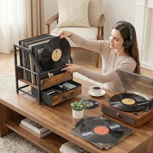 Vinyl Record Storage with Fabric Drawer, Vinyl Record Box Case Crate, Record Album Holder, Desktop Metal & Wooden LP Record Crate (Art Deco) in Kuwait