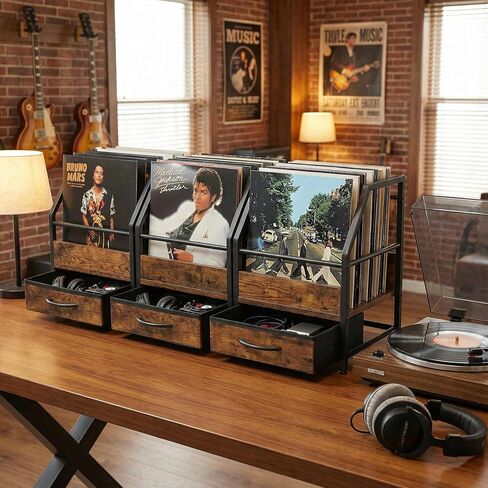 Vinyl Record Storage with Fabric Drawer, Vinyl Record Box Case Crate, Record Album Holder, Desktop Metal & Wooden LP Record Crate (Art Deco) in Kuwait