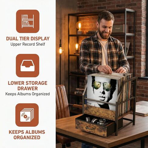 Vinyl Record Storage with Fabric Drawer, Vinyl Record Box Case Crate, Record Album Holder, Desktop Metal & Wooden LP Record Crate (Art Deco) in Kuwait