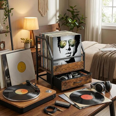 Vinyl Record Storage with Fabric Drawer, Vinyl Record Box Case Crate, Record Album Holder, Desktop Metal & Wooden LP Record Crate (Art Deco) in Kuwait