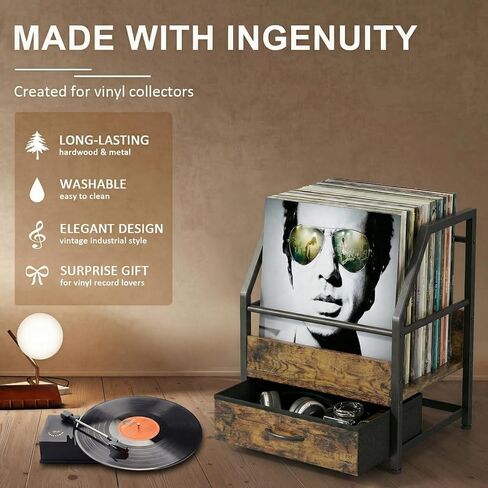 Vinyl Record Storage with Fabric Drawer, Vinyl Record Box Case Crate, Record Album Holder, Desktop Metal & Wooden LP Record Crate (Art Deco) in Kuwait