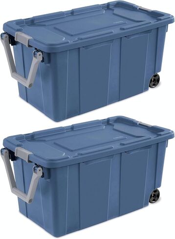 Industrial Storage Tote with Wheels, Blue, Heavy-Duty Plastic, 40 Gallon, Latching Lid, Stackable, 36.75x21.38x18 Inch, 2 Pack in Saudi Arabia