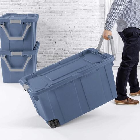 Industrial Storage Tote with Wheels, Blue, Heavy-Duty Plastic, 40 Gallon, Latching Lid, Stackable, 36.75x21.38x18 Inch, 2 Pack in Saudi Arabia