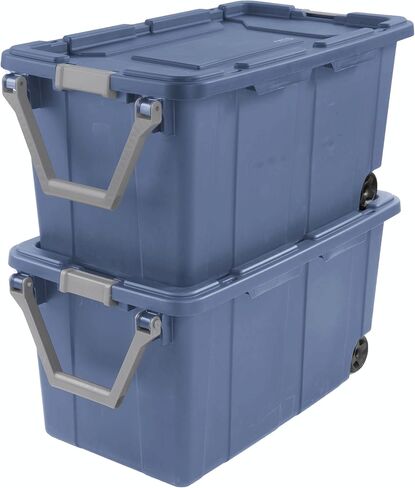 Industrial Storage Tote with Wheels, Blue, Heavy-Duty Plastic, 40 Gallon, Latching Lid, Stackable, 36.75x21.38x18 Inch, 2 Pack in Saudi Arabia