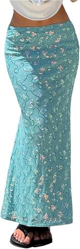 SHENHE Women's Y2k Sequin Maxi Skirt Low Rise Bodycon Vacation Party Embellished Fishtail Skirt in Saudi Arabia