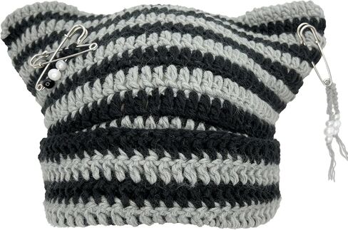 قبعة صغيرة على شكل أذن قطة من الكروشيه طراز Y2K مع إكسسوارات ذاتية الصنع قبعة منسوجة على شكل قوطي للنساء والفتيات in Kuwait