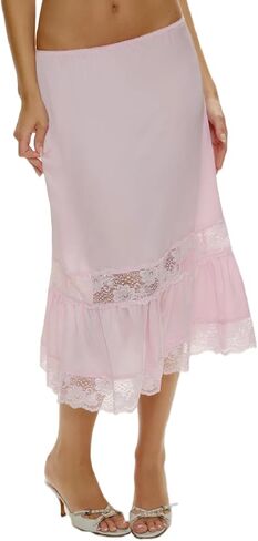 Women Satin Lace Long Skirt Lace Patchwork Maxi Skirt Half Slip Silk High Waist A Line Underskirt in Saudi Arabia