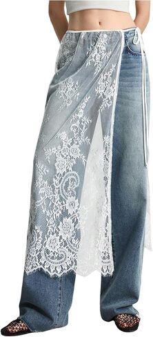 MakeMeChic Women's Lace Skirt Floral Mesh Wrap Tie Side Elegant Coverup Fall Skirts in Saudi Arabia
