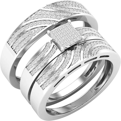 Dazzlingrock Collection 0.42 Ctw Round White Natural Diamond Men & Women's Engagement Ring Trio Bridal Set, 10K White Real Solid Gold in Saudi Arabia