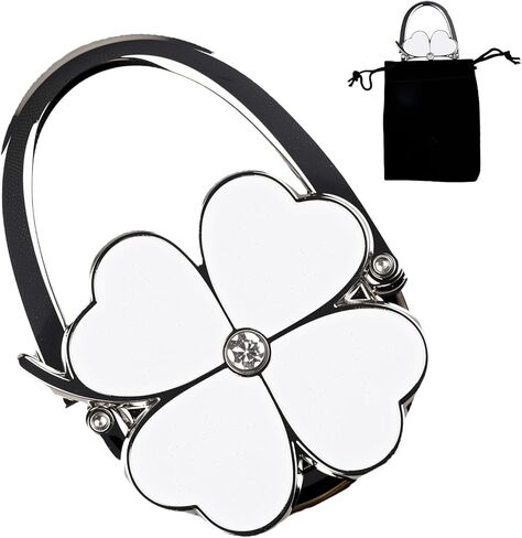Heran Four-Leaf Clover Purse Hook for Table, White Foldable Handbag Hanger, Zinc Alloy Bag Holder with Black Storage Bag, Portable Stylish Accessories for Chair Counter, Compact & Sturdy in Saudi Arabia
