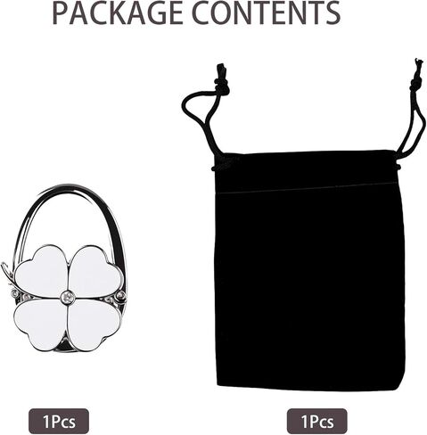 Heran Four-Leaf Clover Purse Hook for Table, White Foldable Handbag Hanger, Zinc Alloy Bag Holder with Black Storage Bag, Portable Stylish Accessories for Chair Counter, Compact & Sturdy in Saudi Arabia