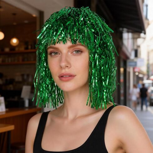 Hair Cap+ Green Tinsel Wig Funny Wigs for Women Green Sparkly Tinsel Wig Disco Ball Costume Wigs Photo Booth Props for St Patrick Day 80s Themed Party Christmas Halloween Cosplay Party in Saudi Arabia