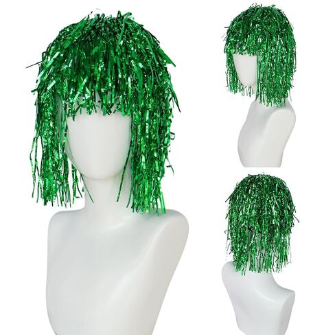 Hair Cap+ Green Tinsel Wig Funny Wigs for Women Green Sparkly Tinsel Wig Disco Ball Costume Wigs Photo Booth Props for St Patrick Day 80s Themed Party Christmas Halloween Cosplay Party in Saudi Arabia
