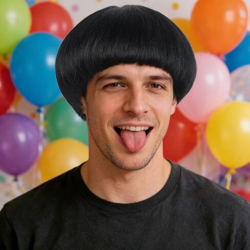 Hair Cap + Bowl Cut Wig Mushroom Wigs for Men Short Black Bob Hair With Bangs Funny Wigs Mens Wig Halloween Cosplay Party in Saudi Arabia