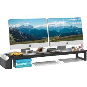 LAND·VOI Heavy Duty Dual Monitor Stand, Holds 2 Screens Up to 27 Inches, Adjustable Length and Angle Monitor Riser, Desk Organizer with Side Pockets and Drawers, Home Office Desk Storage, White in Kuwait