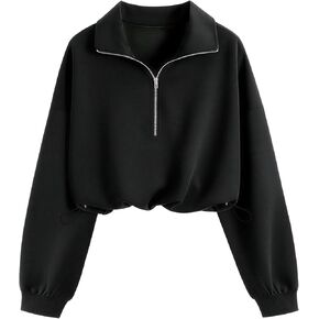 سويت شيرت نسائي قصير بنصف سحاب، بلوفر عصري بأكمام طويلة وياقة وياقة ورباط in Kuwait