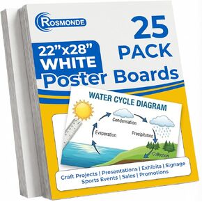 Rosmonde 25 Pack Poster Boards, Large 22"x28" White Poster Board Sheets, Extra Thick Presentation Poster Boards, Blank Graphic Display Vision Boards, DIY Signs, Crafts, Bulk Posterboards for All Uses in Kuwait