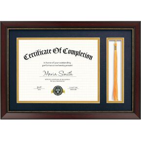 إطار دبلوم 11x16.5 مع حامل شرابة لوثيقة شهادة 8.5x11، إطار دبلومة الماهوجني مع زجاج حقيقي، حصائر مزدوجة باللون الأزرق فوق الذهبي، عرض دبلومة 8.5x11 وشرابة واحدة in Kuwait