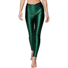 Wildarms Women's Mermaid Scale Leggings - Shiny Green Fish Print Stretch Costume for Halloween,Cosplay,Christmas Outfit in Saudi Arabia