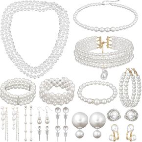 مجموعة مجوهرات اللؤلؤ 16 قطعة مع قلادة وأقراط وأساور، قلادات اللؤلؤ للنساء، مجموعة اللؤلؤ الصناعي مجوهرات لحفلات الزفاف وحفلات عيد الميلاد in Kuwait