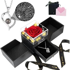 وردة حمراء حقيقية محفوظة، قلادة S925 مع قلب أحبك بـ 100 لغة، هدايا عيد ميلاد من الزهور الأبدية للنساء وأمها وزوجته وصديقتها في عيد الحب، وعيد الميلاد، وعيد الأم in Kuwait