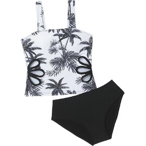Girl's Leaf Print 2 Piece Bikini Sets Floral Cut Out Camisole Tops Sleeveless Bathing Suit Swimsuits in Kuwait