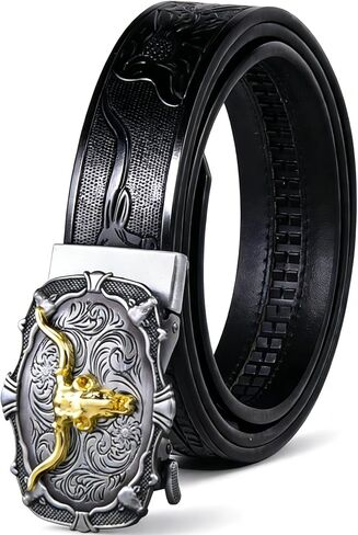 Mens Ratchet Cowboy Belt Leather Western Belts for Men with Automatic Cowboy Buckle in Saudi Arabia