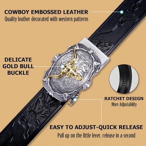 Mens Ratchet Cowboy Belt Leather Western Belts for Men with Automatic Cowboy Buckle in Saudi Arabia