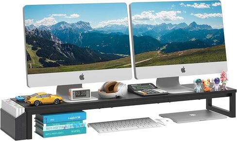 LAND·VOI Heavy Duty Dual Monitor Stand, Holds 2 Screens Up to 27 Inches, Adjustable Length and Angle Monitor Riser, Desk Organizer with Side Pockets and Drawers, Home Office Desk Storage, White in Kuwait