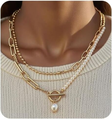 Layered Pearl Chain Necklace for Women, 14K Gold Plated Pearl Link Toggle Clasp Necklace, Dainty Trendy Layered Choker Chunky Jewelry Fashion Gift for Women in Saudi Arabia