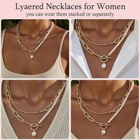 Layered Pearl Chain Necklace for Women, 14K Gold Plated Pearl Link Toggle Clasp Necklace, Dainty Trendy Layered Choker Chunky Jewelry Fashion Gift for Women in Saudi Arabia