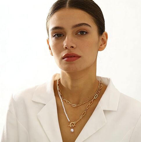 Layered Pearl Chain Necklace for Women, 14K Gold Plated Pearl Link Toggle Clasp Necklace, Dainty Trendy Layered Choker Chunky Jewelry Fashion Gift for Women in Saudi Arabia