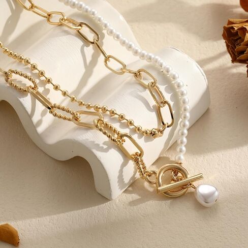 Layered Pearl Chain Necklace for Women, 14K Gold Plated Pearl Link Toggle Clasp Necklace, Dainty Trendy Layered Choker Chunky Jewelry Fashion Gift for Women in Saudi Arabia