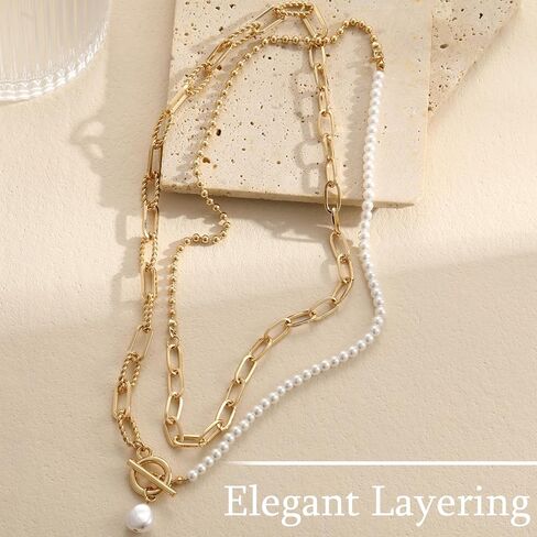 Layered Pearl Chain Necklace for Women, 14K Gold Plated Pearl Link Toggle Clasp Necklace, Dainty Trendy Layered Choker Chunky Jewelry Fashion Gift for Women in Saudi Arabia