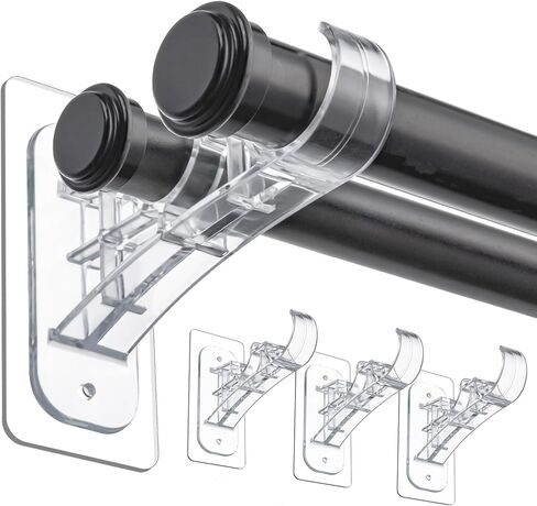 ANDGOO دعامة قضيب ستارة مزدوجة، بدون حفر، حاملات قضبان ستائر لاصقة صديقة للمستأجر، خطافات ستائر مزدوجة القضيب، شماعات ستائر شديدة التحمل لغرفة المعيشة في الشقة (4 قطع، شفاف) in Kuwait