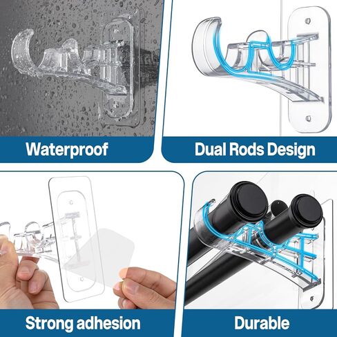 ANDGOO Double Curtain Rod Bracket, No Drilling, Renter Friendly Adhesive Curtain Rod Holders, Double Rod Curtain Hooks, Heavy Duty Curtain Hangers for Apartment Living Room Bedroom (4 PCS, Clear) in Saudi Arabia
