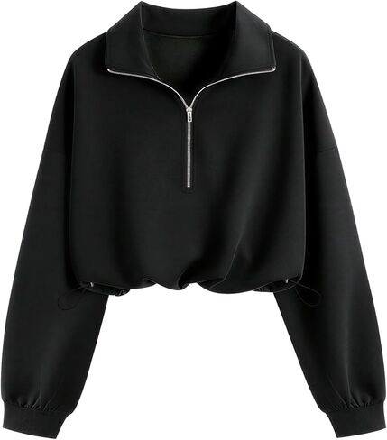 سويت شيرت نسائي قصير بنصف سحاب، بلوفر عصري بأكمام طويلة وياقة وياقة ورباط in Kuwait