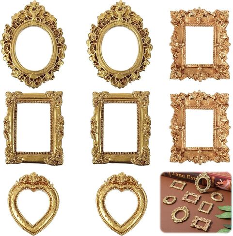 8PCS Mini Gold Picture Frames Vintage Small Antique Resin Picture Frames Oval Rectangle Wall Hanging Display Table Frame for DIY Jewelry Christmas Holiday Party Hotel Decor in Saudi Arabia