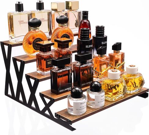 KALYLOC 5 طبقات عرض خشبي حامل 13.8 بوصة حامل عطور معدني منظم منضدية رف عرض متدرج لكولونيا كب كيك شخصيات التوابل مستحضرات التجميل الشموع (بني، شكل X) in Kuwait