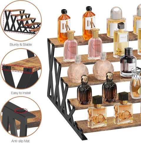 KALYLOC 5 طبقات عرض خشبي حامل 13.8 بوصة حامل عطور معدني منظم منضدية رف عرض متدرج لكولونيا كب كيك شخصيات التوابل مستحضرات التجميل الشموع (بني، شكل X) in Kuwait