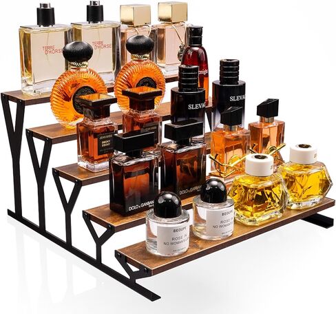 KALYLOC 5 طبقات عرض خشبي حامل 13.8 بوصة حامل عطور معدني منظم منضدية رف عرض متدرج لكولونيا كب كيك شخصيات التوابل مستحضرات التجميل الشموع (بني، شكل X) in Kuwait