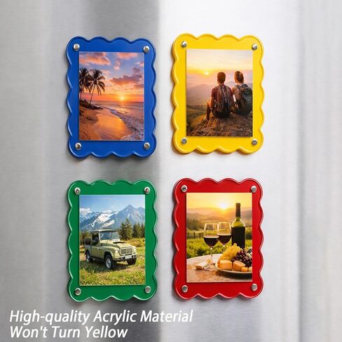 Polaroid Magnet Frame Fridge Picture Frame Magnets, 4-Pack Wavy Colorful Acrylic Photo Holders for Refrigerator Display, Blue Green Yellow Design for Instant Photos and Memos on Magnetic Surfaces in Kuwait