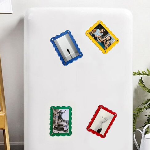 Polaroid Magnet Frame Fridge Picture Frame Magnets, 4-Pack Wavy Colorful Acrylic Photo Holders for Refrigerator Display, Blue Green Yellow Design for Instant Photos and Memos on Magnetic Surfaces in Kuwait