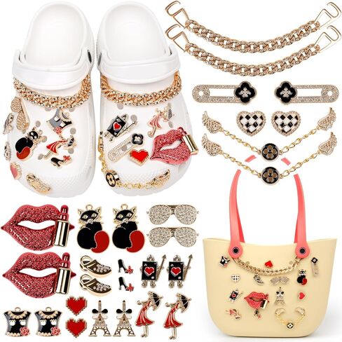 28 قطعة من حليات حقيبة بوج، حليات أحذية بلينغ متوافقة مع التمساح، إكسسوارات سلسلة مجوهرات عصرية للنساء، هدايا عيد الحب، وهدايا عيد الميلاد in Kuwait