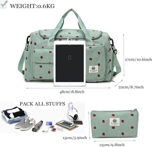 Eslcorri Women Travel Duffle Bag with Small Pouch- Cordoroy Sports Duffel Bag with Shoe &Wet Pocket Carry on Personal Item Luggage Boarding Bag Cute Overnight Weekender for Camping Fitness - Green in Kuwait