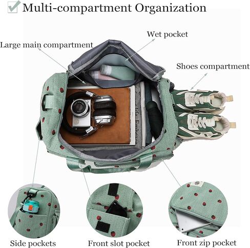 Eslcorri Women Travel Duffle Bag with Small Pouch- Cordoroy Sports Duffel Bag with Shoe &Wet Pocket Carry on Personal Item Luggage Boarding Bag Cute Overnight Weekender for Camping Fitness - Green in Kuwait