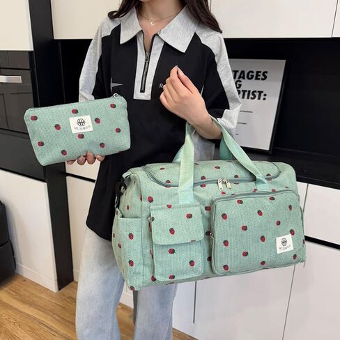 Eslcorri Women Travel Duffle Bag with Small Pouch- Cordoroy Sports Duffel Bag with Shoe &Wet Pocket Carry on Personal Item Luggage Boarding Bag Cute Overnight Weekender for Camping Fitness - Green in Kuwait