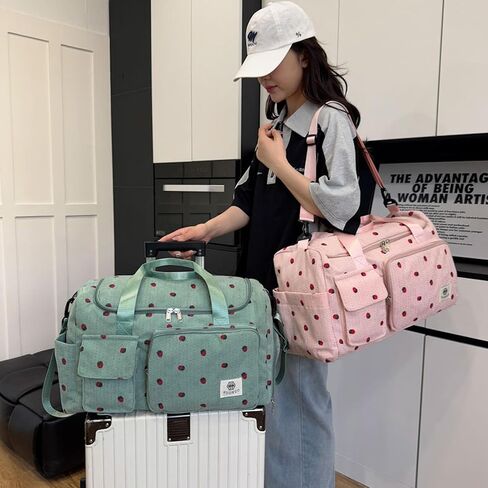 Eslcorri Women Travel Duffle Bag with Small Pouch- Cordoroy Sports Duffel Bag with Shoe &Wet Pocket Carry on Personal Item Luggage Boarding Bag Cute Overnight Weekender for Camping Fitness - Green in Kuwait